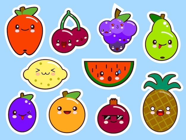 Vector set of smiley kawaii fruits