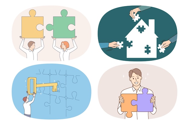 Set of smiling businesspeople connect jigsaw puzzles find solution to business problem or dilemma Collection of happy people find answer or key to trouble or issue Flat vector illustration