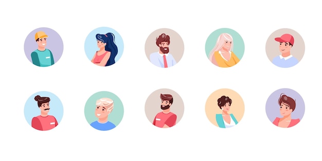 Set di avatar di personaggi piatti sorridenti dei cartoni animati di età diversa