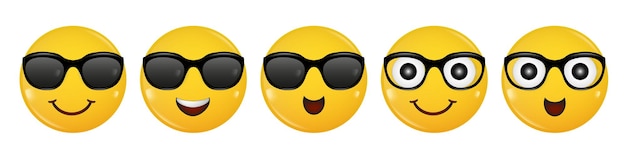 Vettore set di volti sorridenti con gli occhiali emozione 3d gialla lucida occhiali da sole emoji