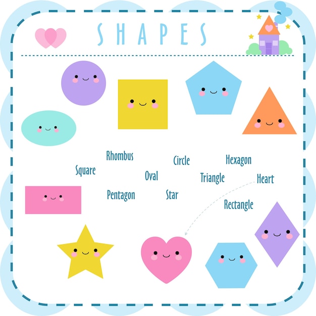 Set of smiling geometric figures Comic cartoon characters for children education Basic geometric