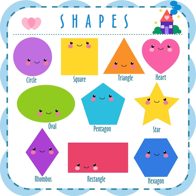 Vector set of smiling geometric figures comic cartoon characters for children education basic geometric