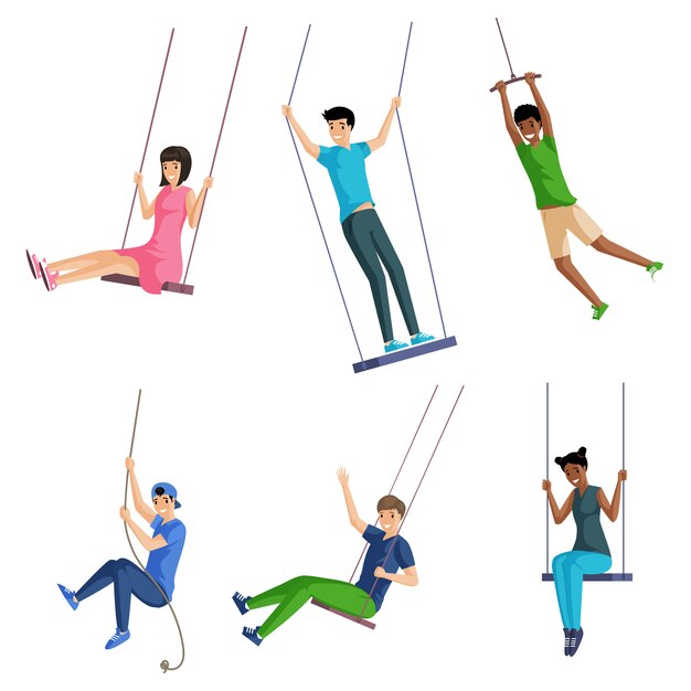 Set of smiling people swinging on rope swings. Summer vacation and holidays  concept.