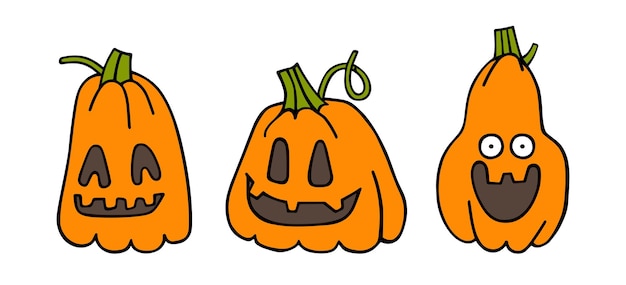 A set of smiling pumpkins for Halloween Handdrawn vector illustrations in doodle style Flat design of cute colored vegetables  Cartoon character pumpkin For postcards posters Halloween