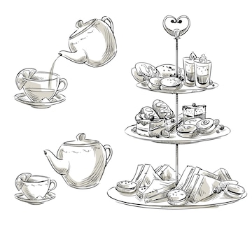 Premium Vector | Set of snacks on a serving tray. teatime. vector sketch.