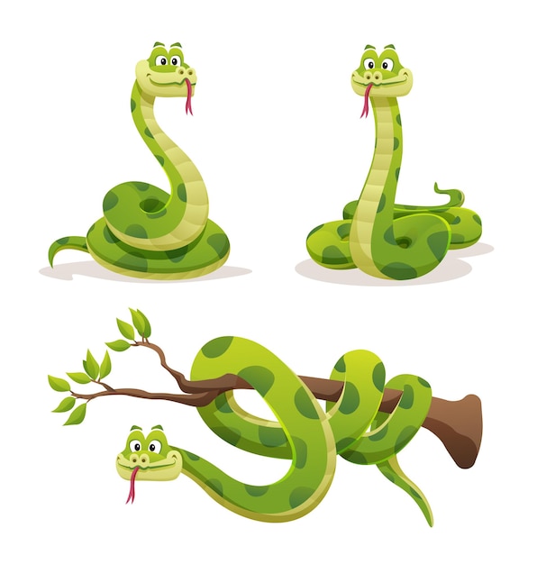 Set of snake in various poses cartoon illustration