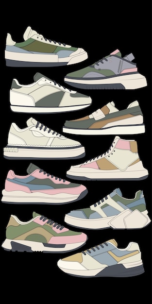 Set of sneakers illustration in colorful drawings sneakers vector line art isolated bundling shoe illustration template