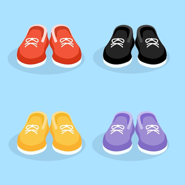 Set of sneakers in red black yellow purple colors on an isolated background Vector illustration