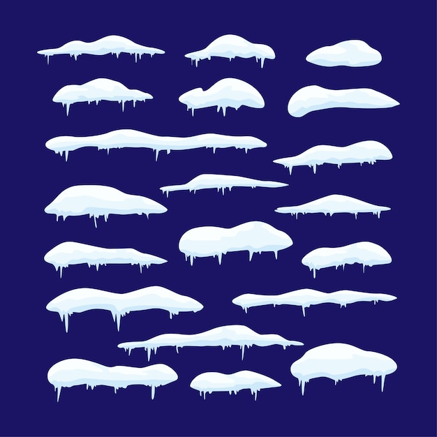 Vector set of snow caps, icicles and snow drifts  illustration. winter decorative elements.