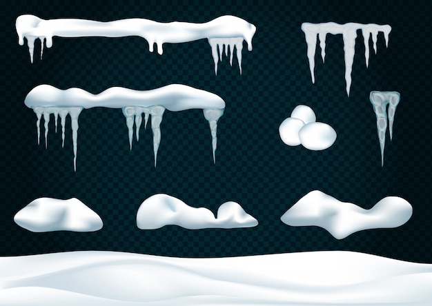 Vector set of snow caps, icicles, snowballs