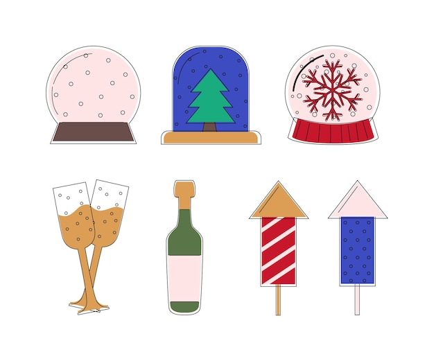 Vector set of snow globe and firework