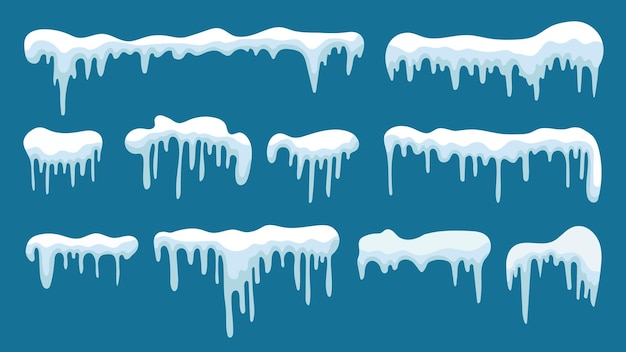 Vector set of snow icicles winter snow caps with ice flat vector design isolated on blue background sno