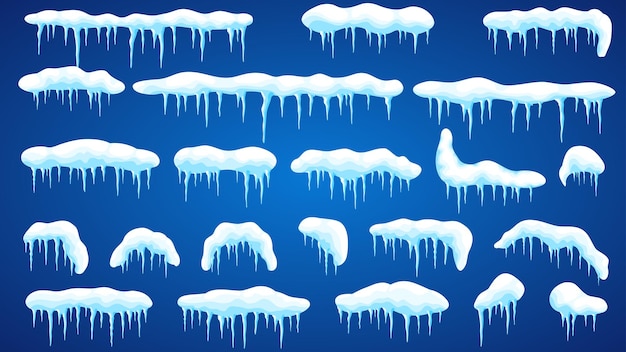 Set of snowdrifts with icicles, white on blue background