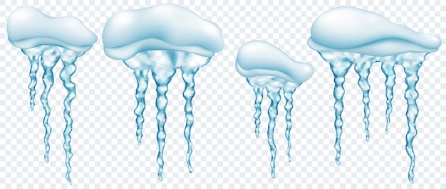 Vettore set di cumuli di neve con ghiaccioli realistici grigi traslucidi di diverse lunghezze isolati su sfondo trasparente trasparenza solo in formato vettoriale