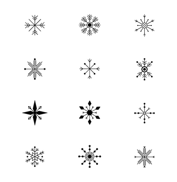 Vettore insieme delle icone del fiocco di neve. delineare i fiocchi di neve vettoriali. illustrazione di natale, capodanno, decorazioni invernali