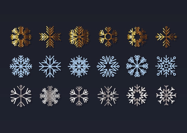 Set of snowflakes on black background.