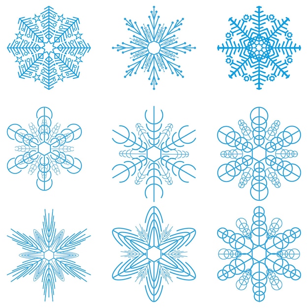 Vettore set di fiocchi di neve. design per le vacanze di natale. isolato su uno sfondo bianco. illustrazione di vettore