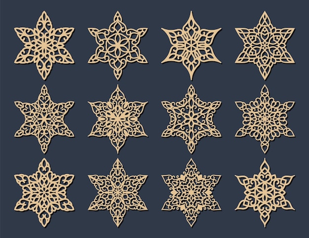 Set of snowflakes Laser cut pattern for christmas paper cards design elements scrapbooking