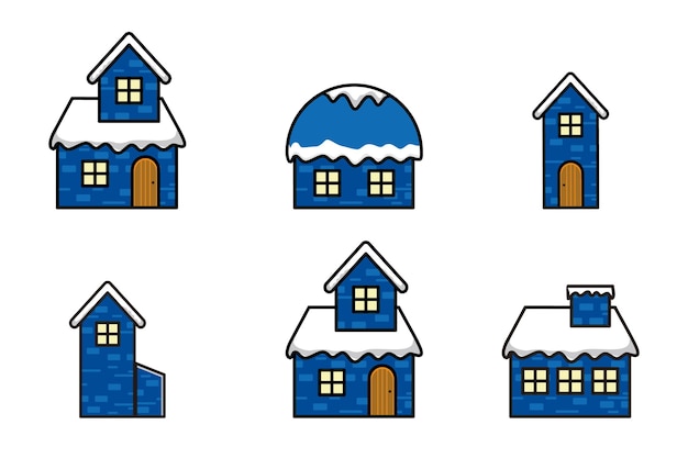 Набор векторных иллюстраций заснеженного дома. клипарт Зимний синий дом. плоский дизайн вектор