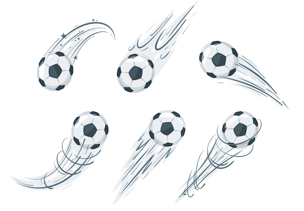 動作中のサッカーボールのセット。漫画スタイルのベクトルイラストデザイン要素。スピードラインとサッカーのアイコン。