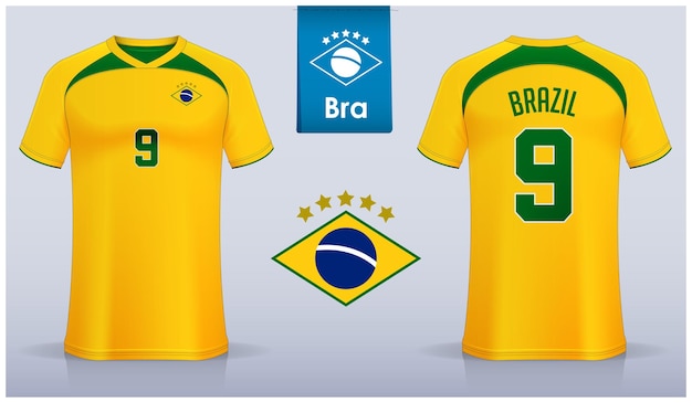 브라질 축구 국가대표팀을 위한 축구 유니폼 또는 축구 키트 템플릿 디자인 세트.