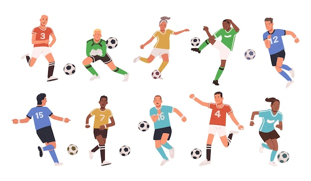 Vector set of soccer player characters men women sportswear playing football_ai_generated