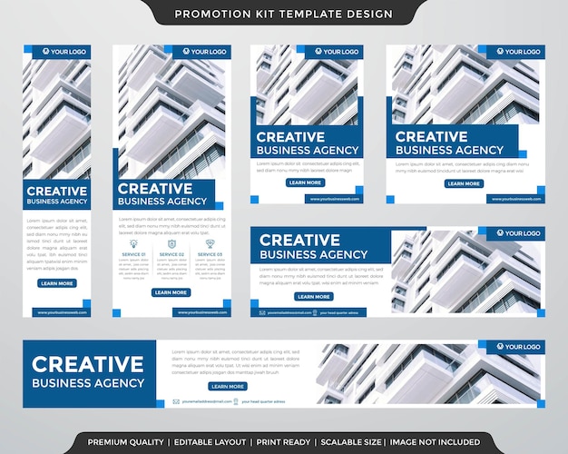 웹 사이트 광고 배너에 소셜 미디어 콘텐츠 및 프로모션 키트 템플릿 사용 세트