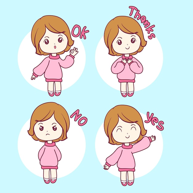 Set of social media emoji kawaii girl sticker llustration