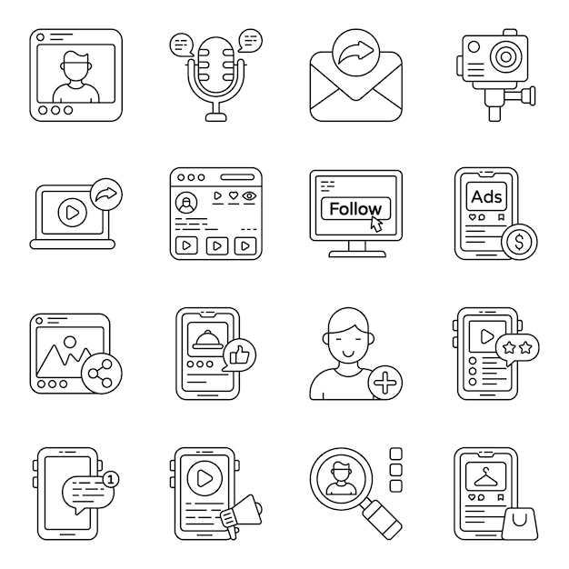 Set of Social Media and Network Linear Icons