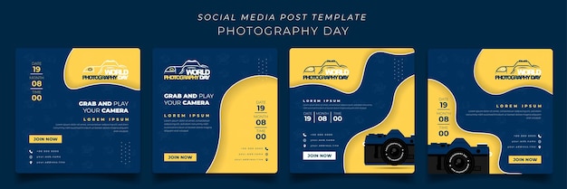 Set di modelli di post sui social media in sfondo blu giallo ritagliato per il design della giornata mondiale della fotografia