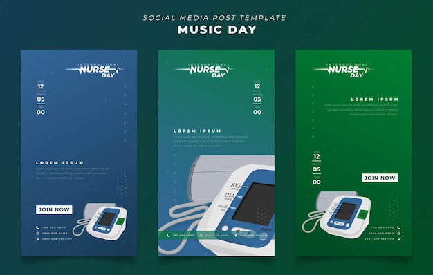 Набор шаблонов постов в социальных сетях на зеленом и синем фоне для оформления международного дня медсестры
