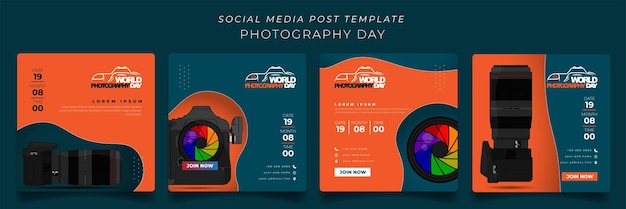 Set of social media post template in green and orange background for world photography day design