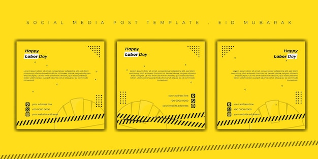 Set of social media post template for labor day design in yellow background