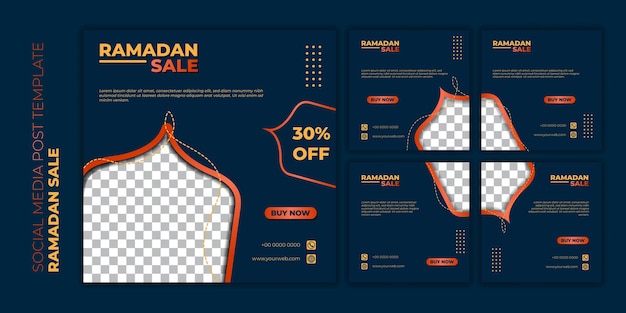 Set of social media post template for ramadan kareem design in blue background