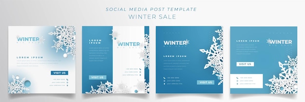 Vector set of social media post template for winter sale design with white and blue background design