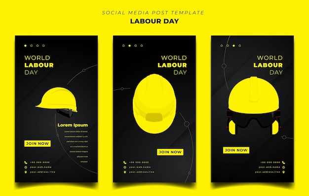 Set of social media post template with black yellow geometric background for labour day design