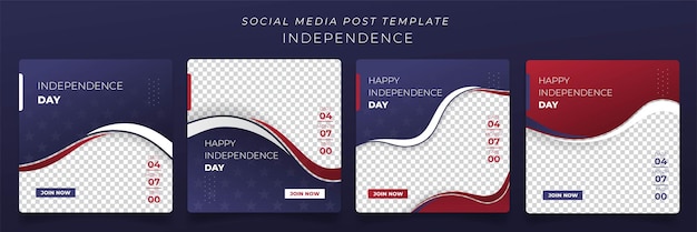 Vector set of social media post template with blue red and white background for us independence day design