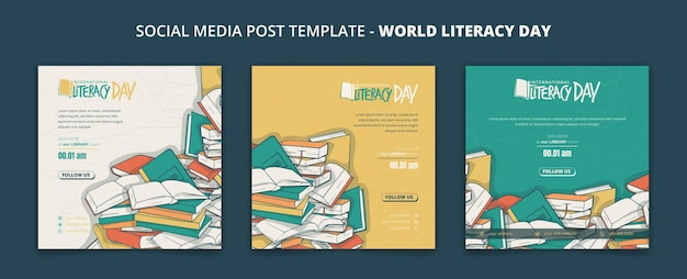 世界識字デーキャンペーン用の本の背景デザインを含むソーシャルメディア投稿テンプレートのセット