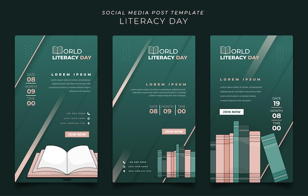Набор шаблонов сообщений в социальных сетях с книжной полкой и открытой книгой для дизайна всемирного дня грамотности