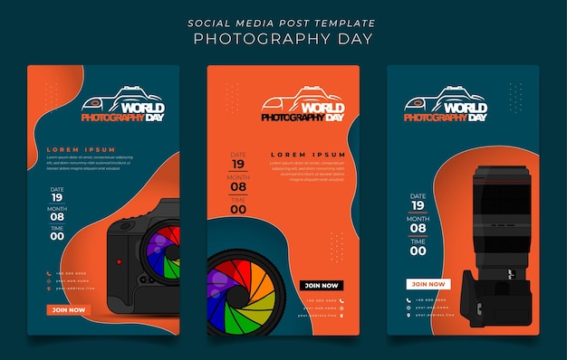 Set di modelli di post sui social media con design della fotocamera e dell'obiettivo per la progettazione della giornata mondiale della fotografia