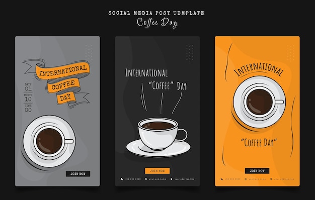 Set di modello di post sui social media con caffè nel design dei cartoni animati per il design della giornata internazionale del caffè