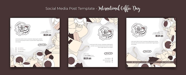 Set of social media post template with coffee cup background design for world coffee day campaign