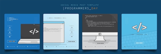 Set of social media post template with computer in cartoon design for programmers day design