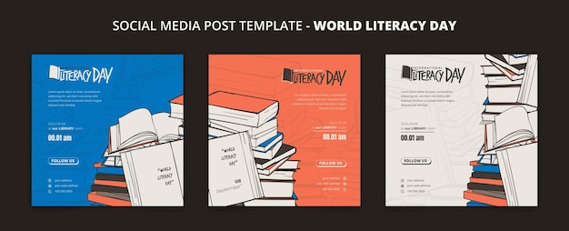 Vettore set di modelli di post sui social media con sfondo artistico doodle per la campagna della giornata internazionale dell'alfabetizzazione