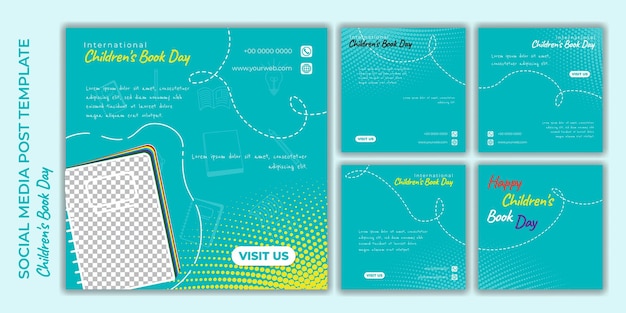 Set di modelli di post sui social media con design educativo per il design della giornata internazionale del libro per bambini