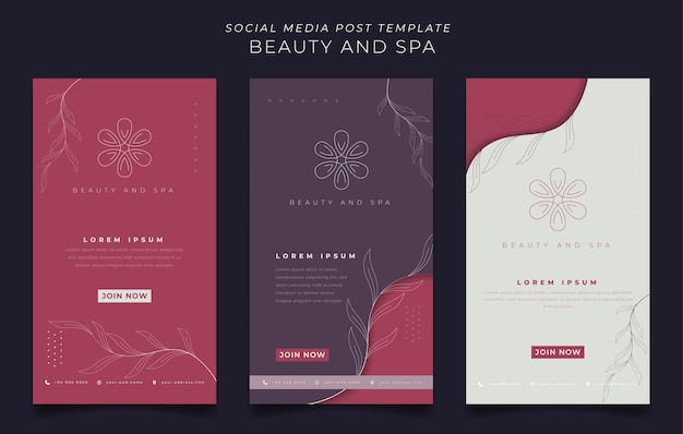 Set of social media post template with feminine design in portrait background for spa template