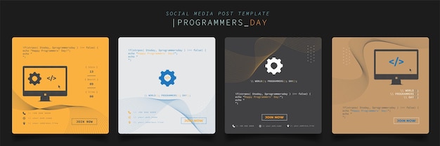 Vector set of social media post template with gear and computer monitor in pixel design for programmer day