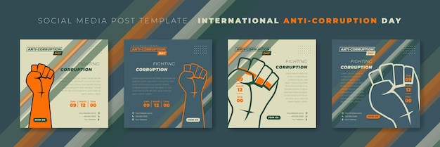 Vector set of social media post template with gripping hand design for international anti corruption day