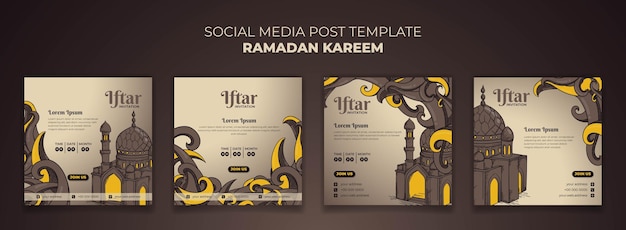 手描きデザインのモスクと装飾的な背景を持つソーシャル メディアの投稿テンプレートのセット