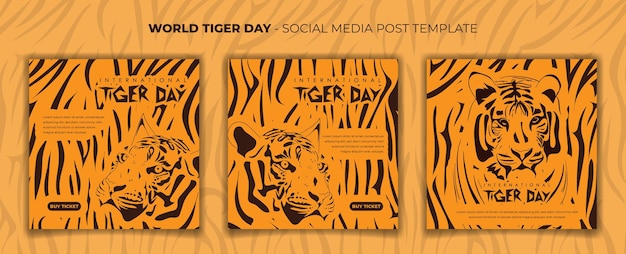 Set of social media post template with orange tiger skin background for tiger day campaign design